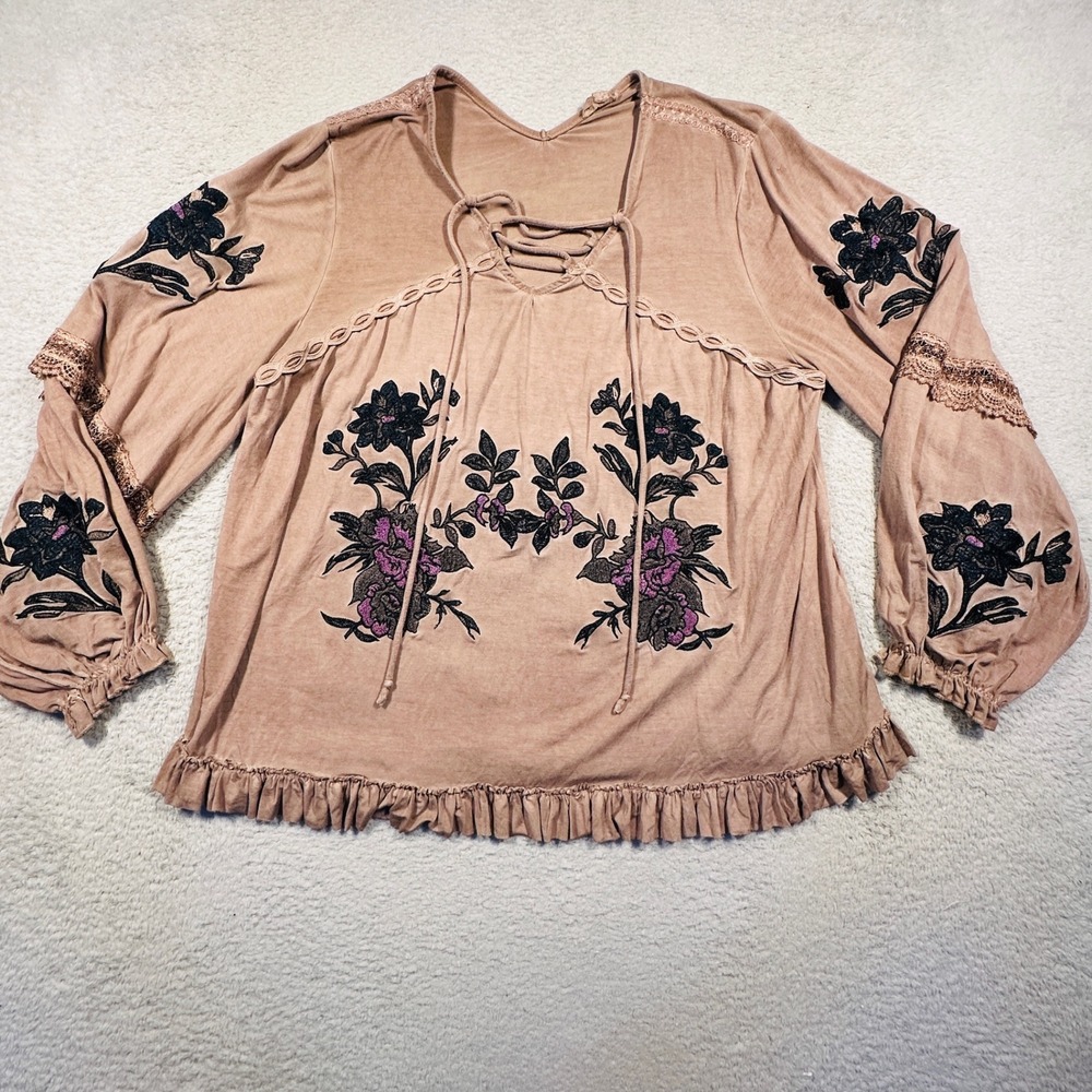 POL Clothing Embroidered Boho Top Womens S Mauve Floral‎ Lace Up SMT505 Bohemian